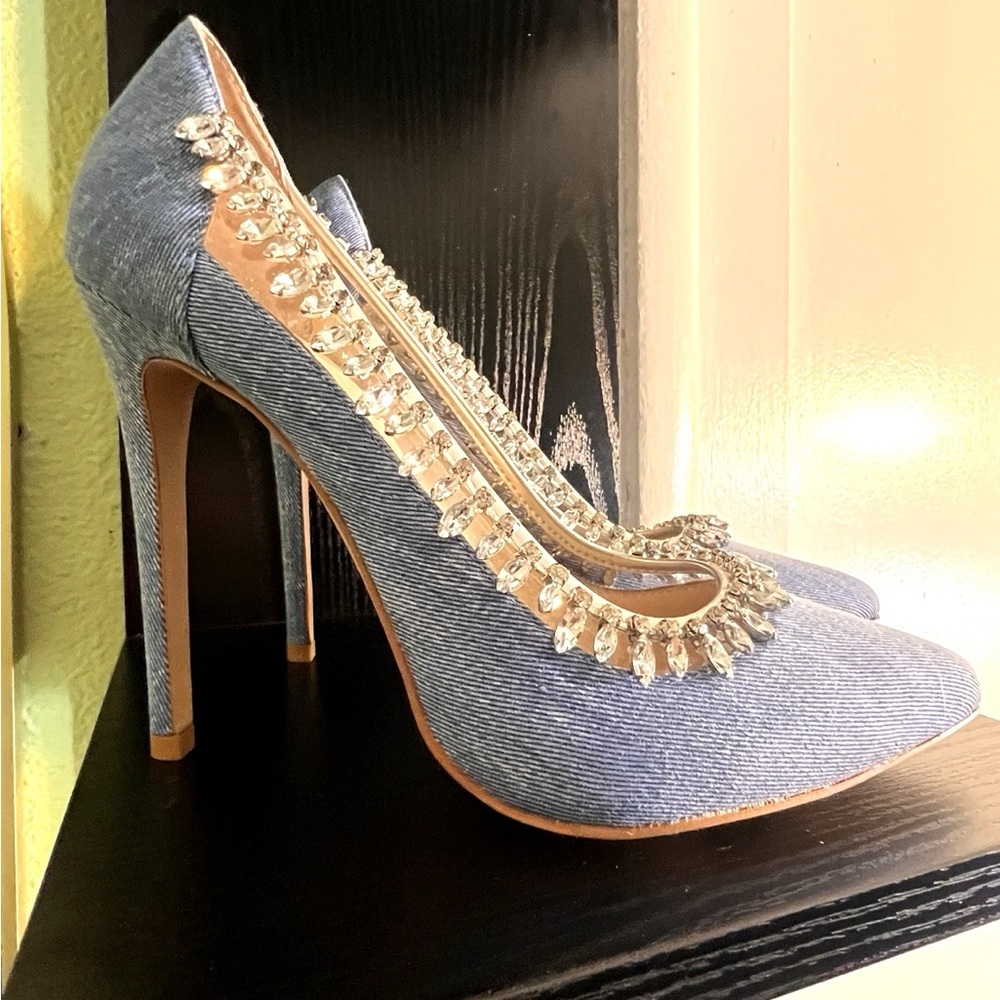 Kandee Denim Rhinestone Pumps Heels Size 39 (US 8.5) - Picture 6 of 10